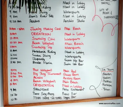 Thursday's activity board at Couples Tower Isle