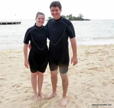 Aaron and Diane Traffas in wet suits