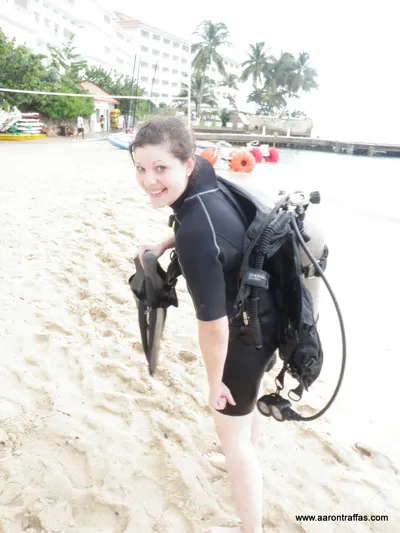 After the dive, walking back to the SCUBA office